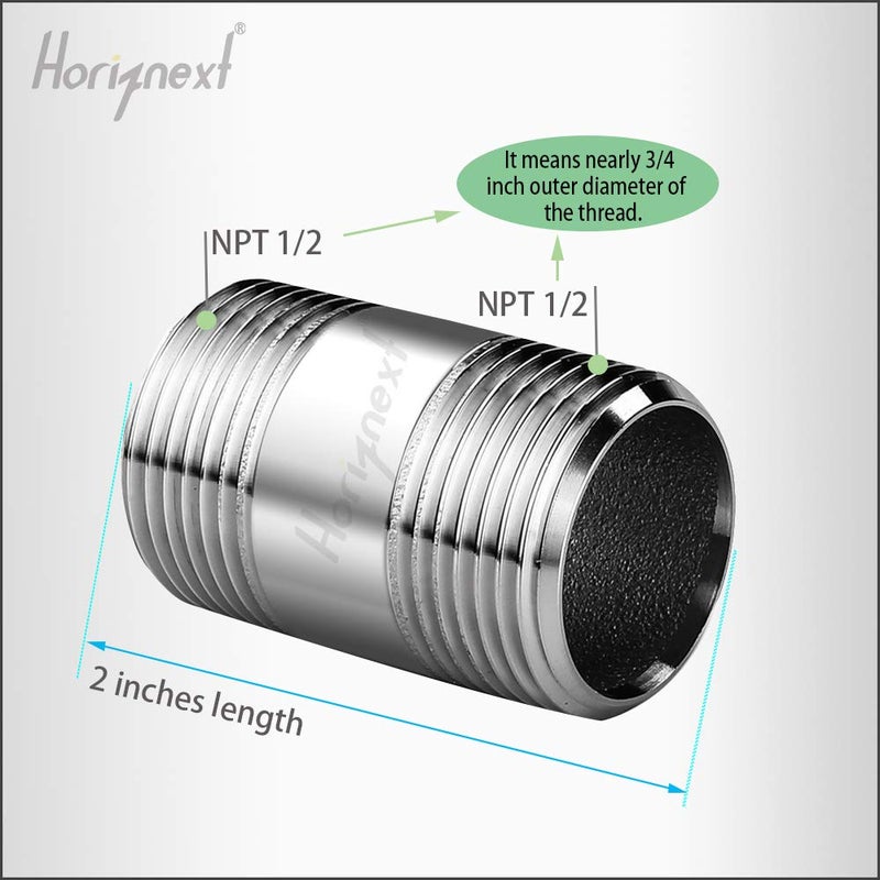 Horiznext stainless steel 304 pipe nipple npt 1/2 male threaded cast fitting, 2 inches length tube sleeve extension connector, schedule 40 conduit hose adapter - Image 1